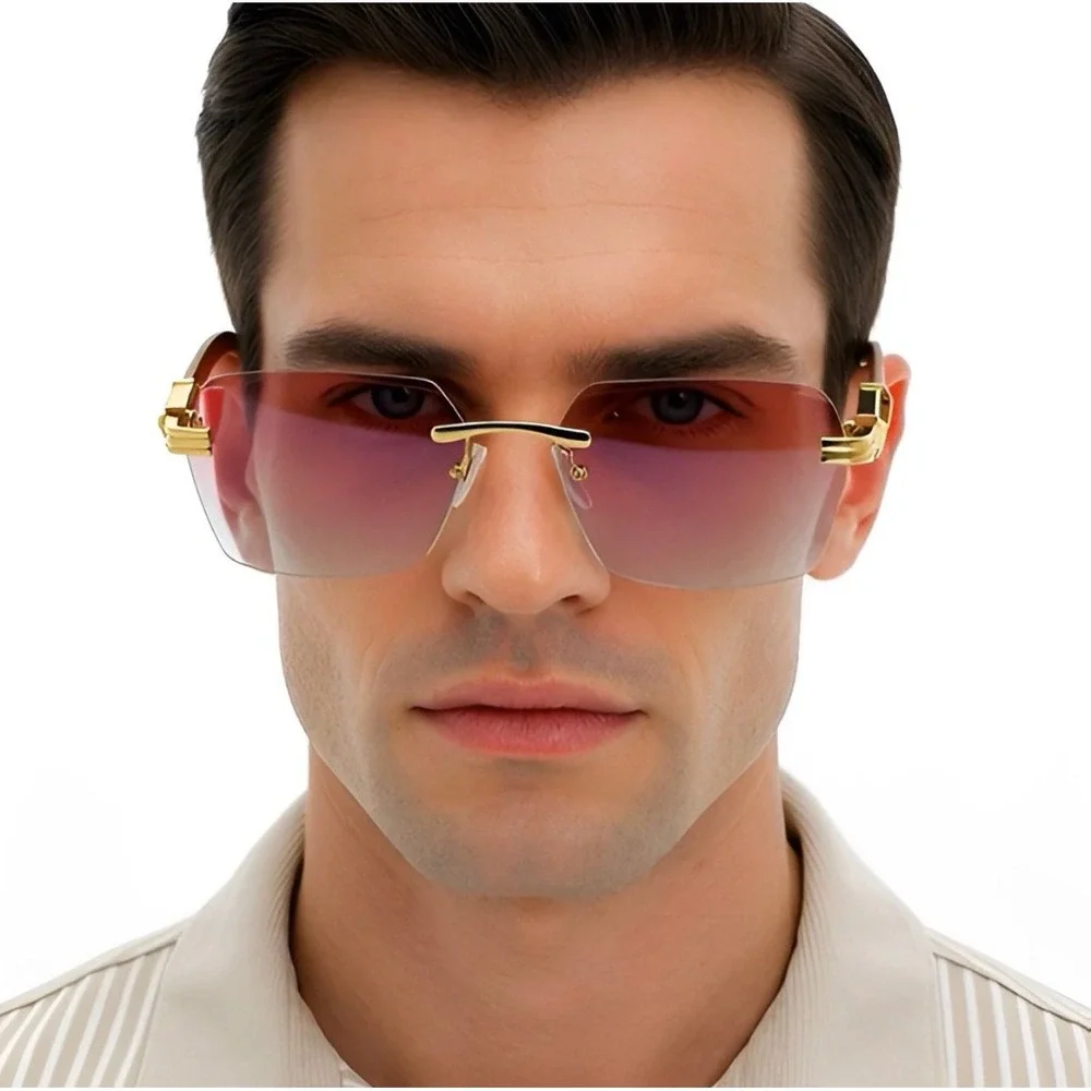 Rimless Sunglasses Men Fashion Shades Wood Grain Arm Pink Lens Retro Lentes 2026